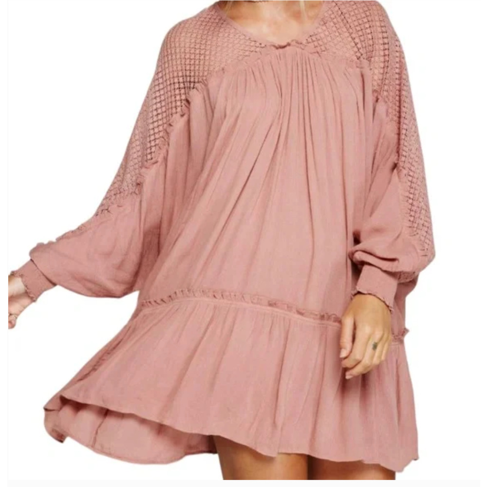 Free People Women's Don't You Want Me Ruffled Oversized Mauve Tunic Dress Size S